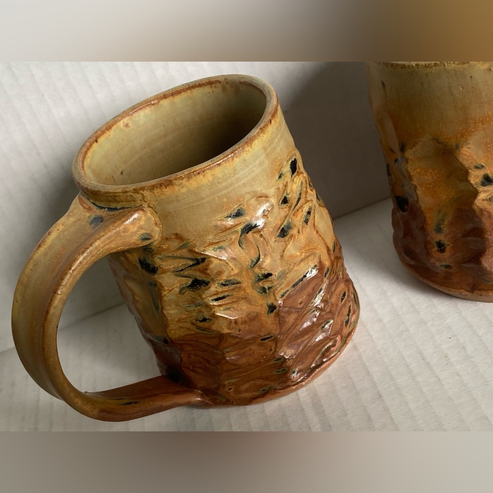 Signed WRIGHT Brutalist Textured Artistic Pottery 12oz Coffee/Tea Mugs
